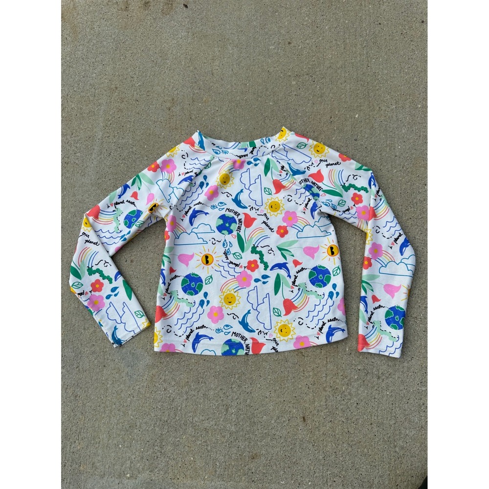 Old Navy Kids White Nature Earth Doodle Long Sleeve Rash Guard‎ Swim Top 5T